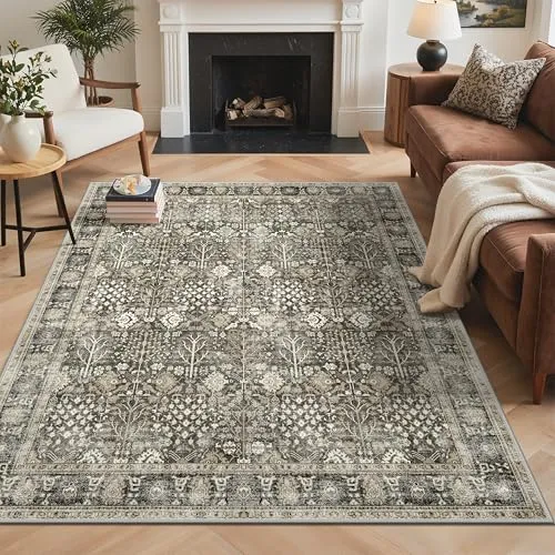 Bavni Vintage Floral Rugs — Dark Grey Brown