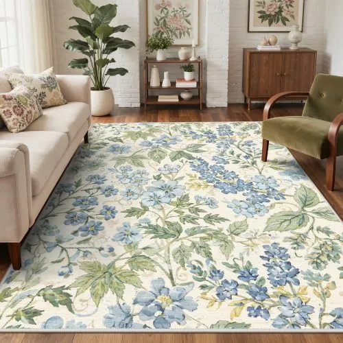 Bavni Vintage Floral Rugs — Dusty Blue